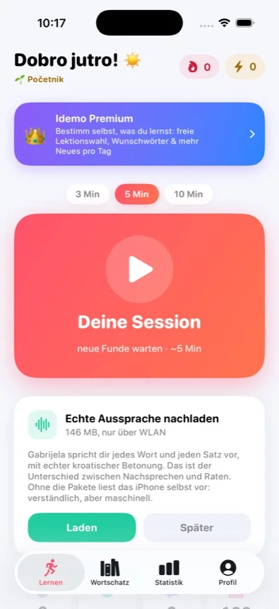 Startbildschirm von Idemo mit der heutigen Lern-Session